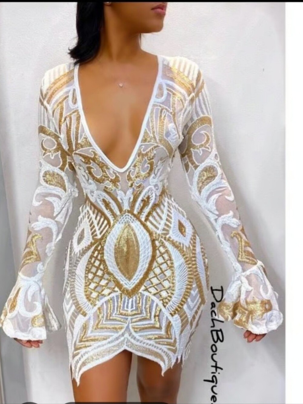 Banjul White and Gold Patterned Long Sleeve Sequin Dress